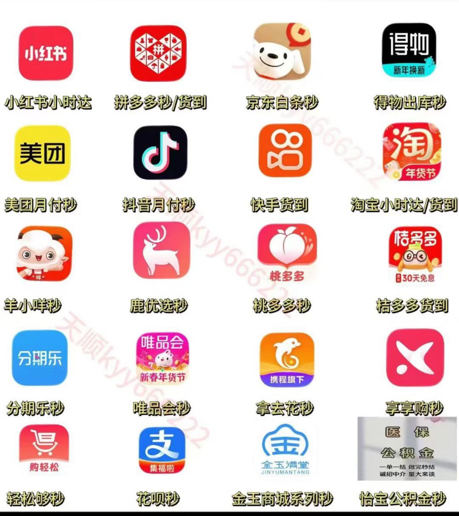 支持小红书、拼多多、京东、得物、美团、抖音、快手、淘宝、花呗、公积金等多平台秒到与货到服务